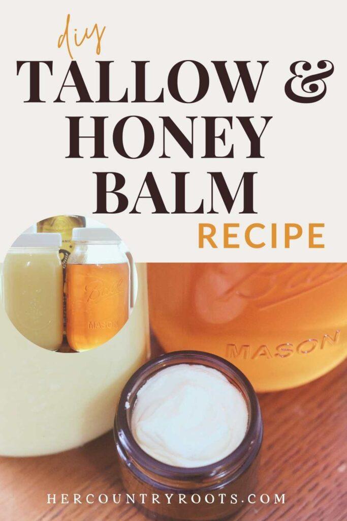 Homemade tallow and honey balm with ingredients around it